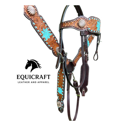 Turquoise Flower Tooled Leather Headstall & Breast Collar Set – Silver Concho Western Horse Tack | Barrel Racing Rodeo