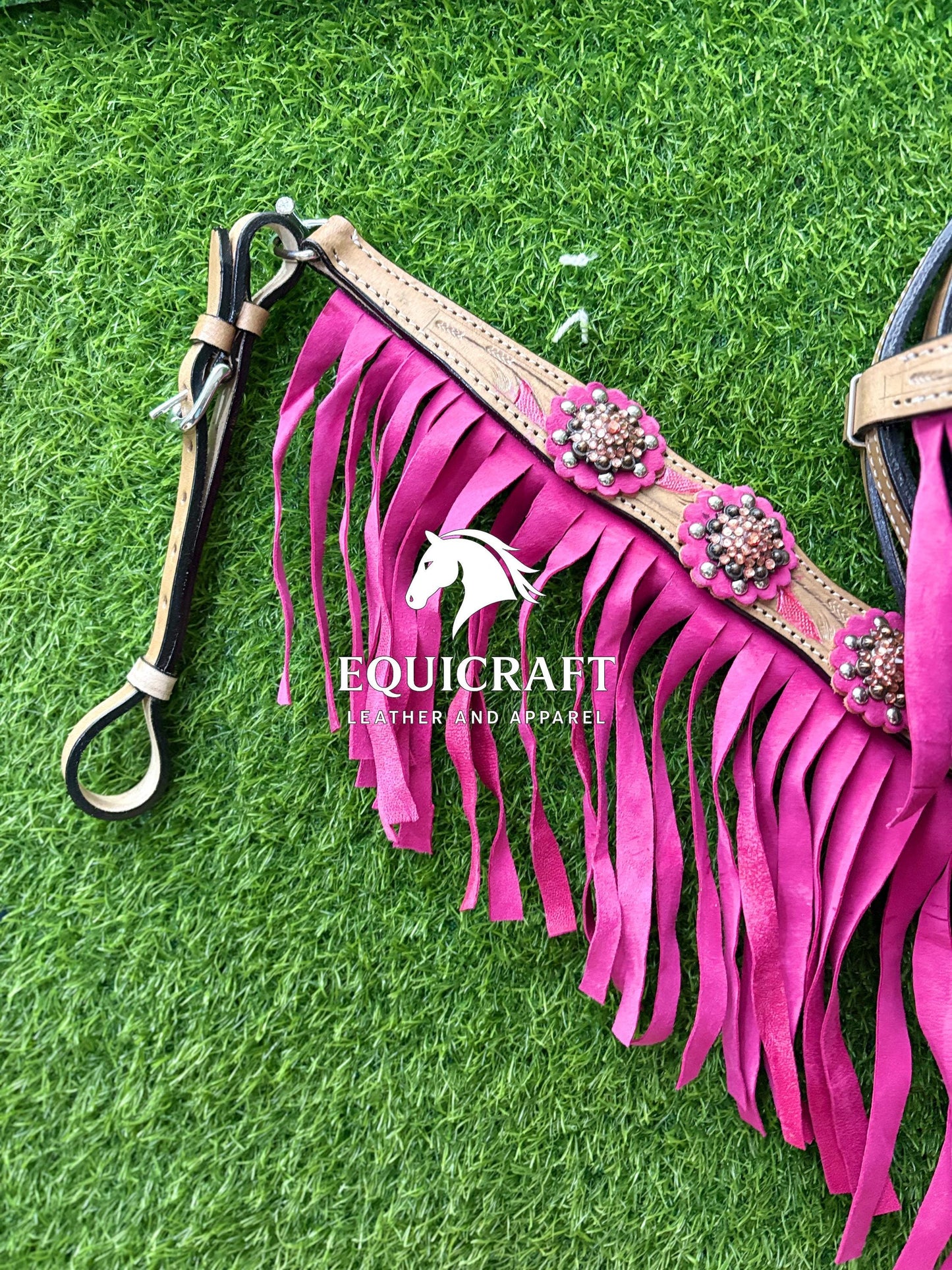 Hot Pink Fringe Crystal Concho Western Headstall & Breast Collar Set – Tooled Leather Horse Tack | Barrel Racing Rodeo