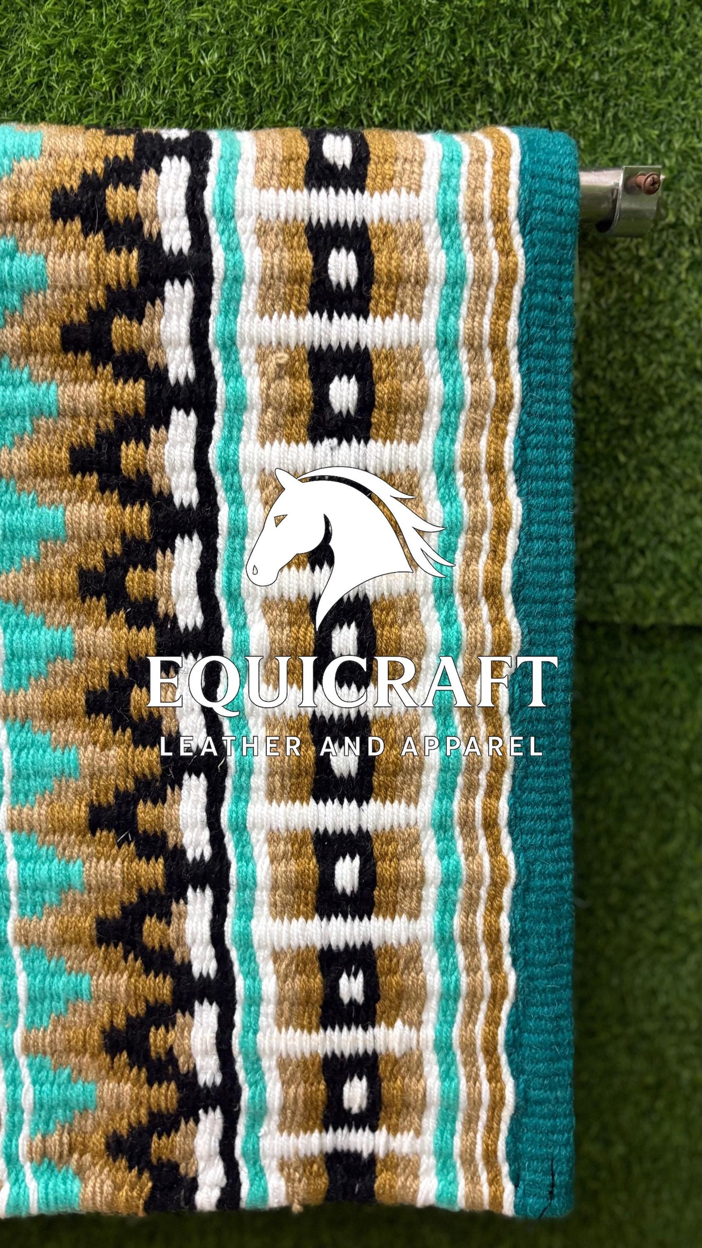 Western Show Saddle Pad | Teal Gold Black White Wool Blanket | Hand-Woven Southwestern Horse Saddle Pad | Show Trail Pad Equestrian Gift