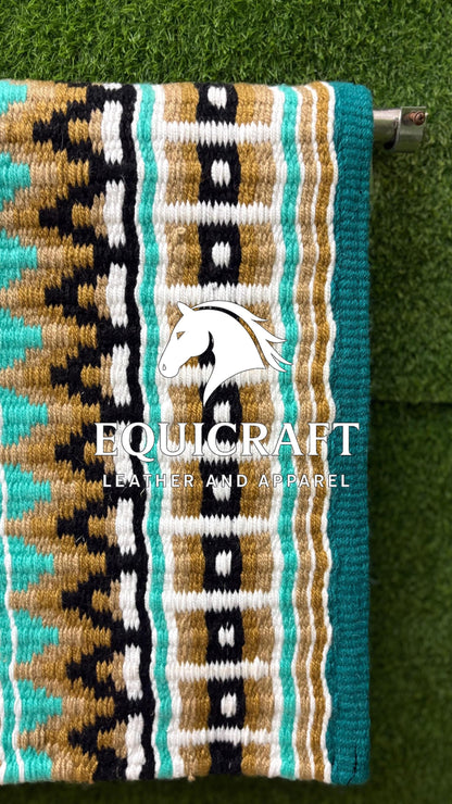 Western Show Saddle Pad | Teal Gold Black White Wool Blanket | Hand-Woven Southwestern Horse Saddle Pad | Show Trail Pad Equestrian Gift