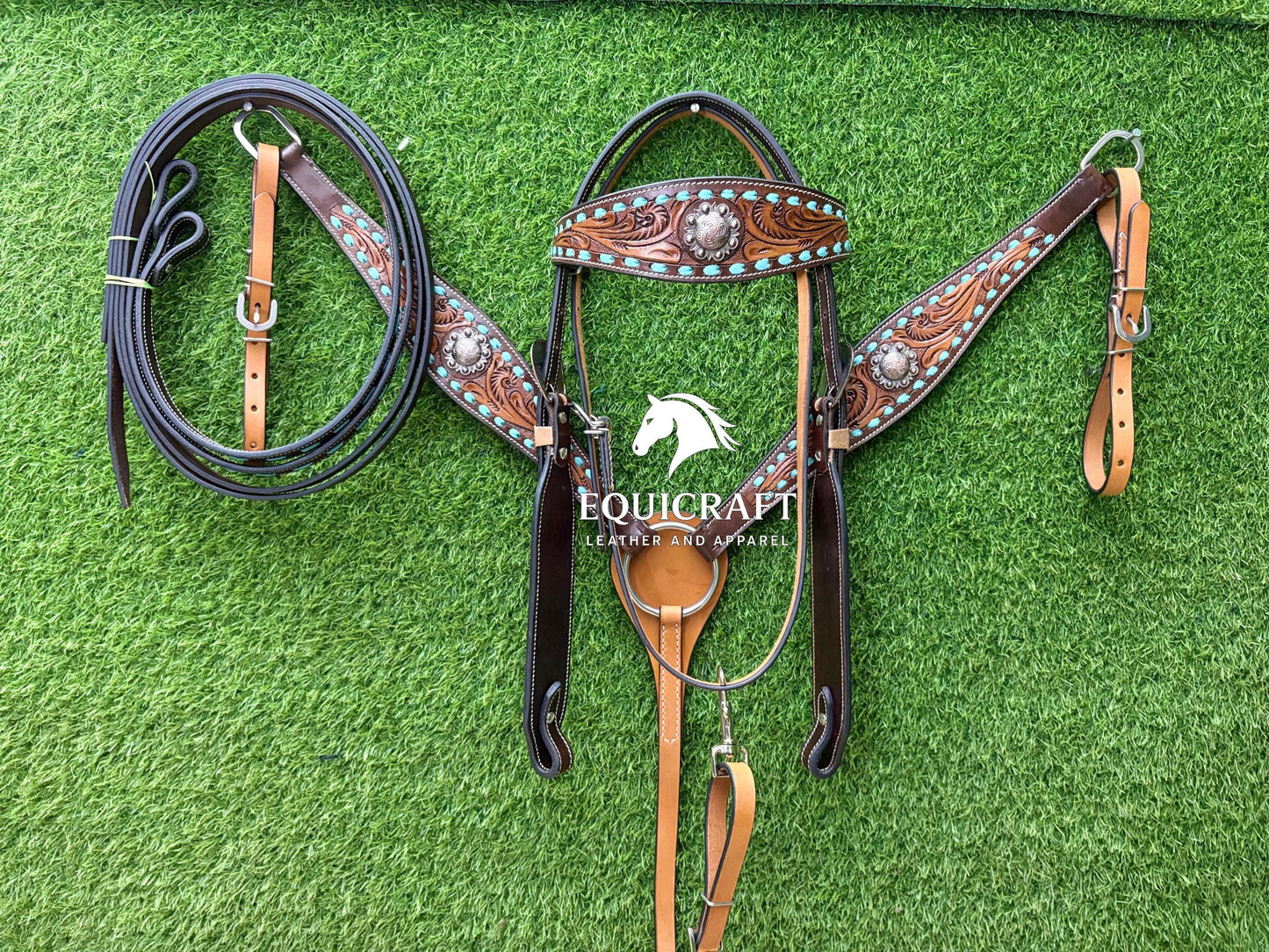 Turquoise Stone Tooled Leather Western Headstall & Breast Collar Set – Silver Concho Horse Tack | Barrel Racing Rodeo