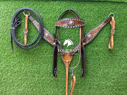 Turquoise Stone Tooled Leather Western Headstall & Breast Collar Set – Silver Concho Horse Tack | Barrel Racing Rodeo