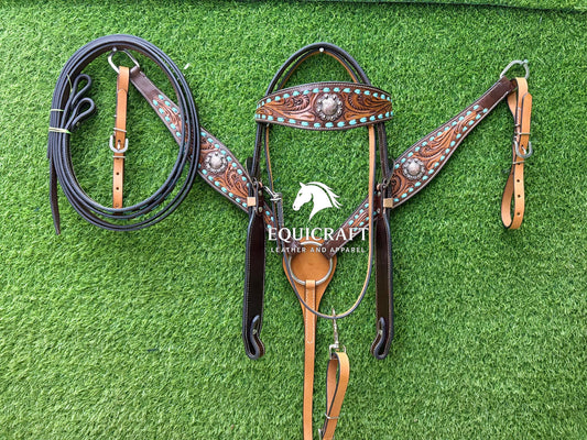 Turquoise Stone Tooled Leather Western Headstall & Breast Collar Set – Silver Concho Horse Tack | Barrel Racing Rodeo