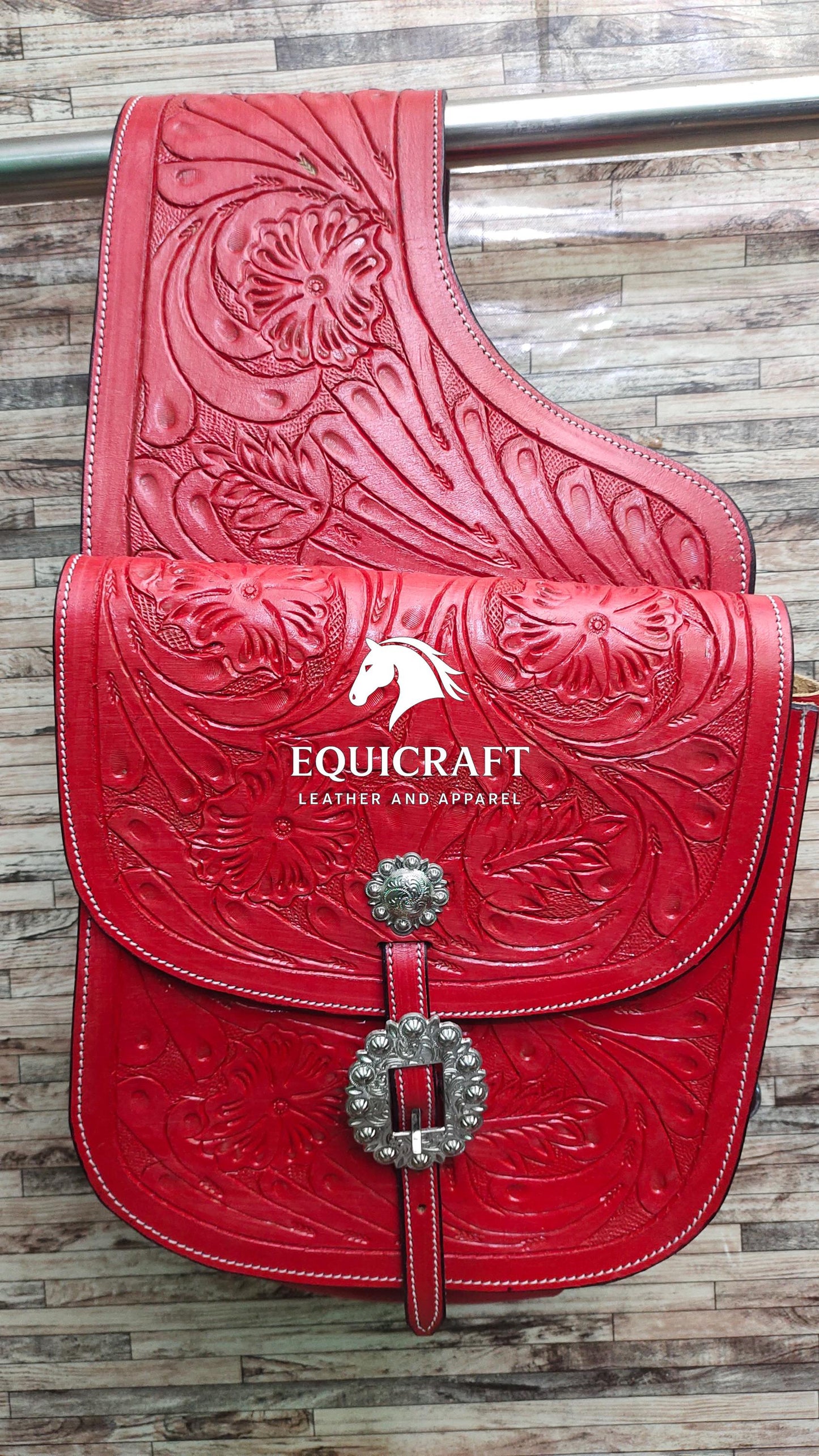 Red Floral Tooled Leather Western Saddle Bag – Silver Concho Single Buckle Horse Trail Bag | Cowboy Riding Tack