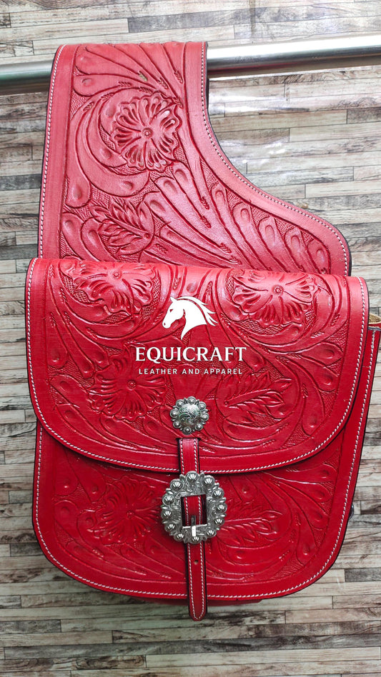 Red Floral Tooled Leather Western Saddle Bag – Silver Concho Single Buckle Horse Trail Bag | Cowboy Riding Tack