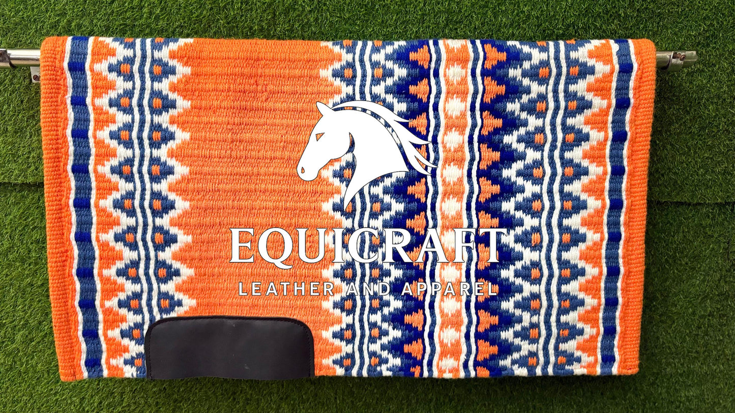 Aztec Western Show Saddle Pad | Orange Blue White Wool Blanket | Hand-Woven Southwestern Horse Saddle Pad | Trail Pad Equestrian Gift
