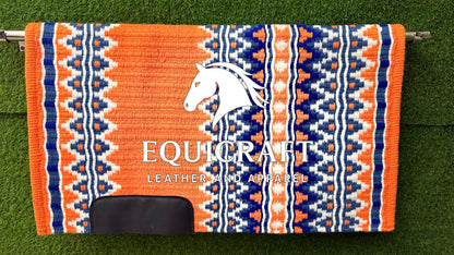 Aztec Western Show Saddle Pad | Orange Blue White Wool Blanket | Hand-Woven Southwestern Horse Saddle Pad | Trail Pad Equestrian Gift