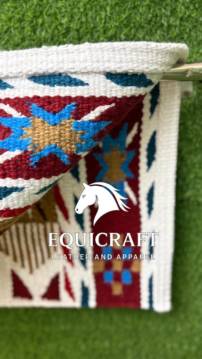 Aztec Western Show Saddle Pad | Orange Blue White Wool Blanket | Hand-Woven Southwestern Horse Saddle Pad | Trail Pad Equestrian Gift