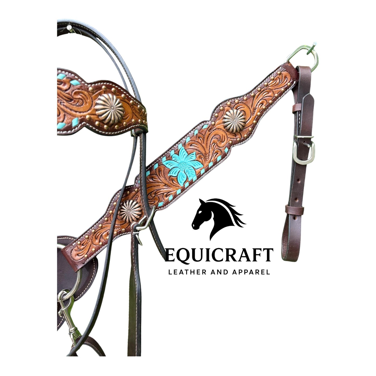 Turquoise Flower Tooled Leather Headstall & Breast Collar Set – Silver Concho Western Horse Tack | Barrel Racing Rodeo
