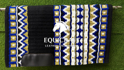 Aztec Western Show Saddle Pad | Black Blue Gold Metallic Wool Blanket | Hand-Woven Southwestern Horse Saddle Pad | Show Ring Pad