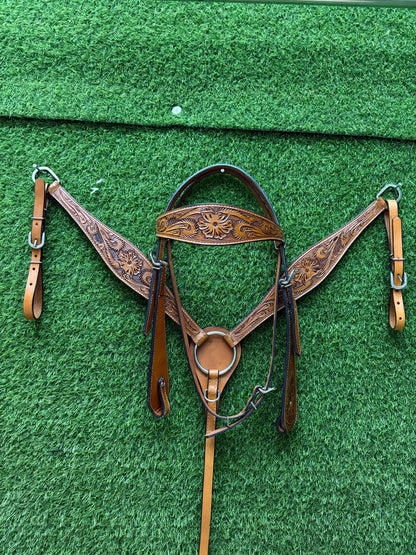 Tan Floral Tooled Leather Western Headstall & Breast Collar Set – Plain Silver Hardware Horse Tack | Barrel Racing Rodeo