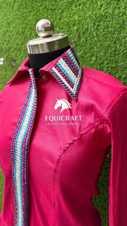 Womens Western Show Shirt | Hot Pink Multicolor Striped Rhinestone Showmanship Shirt | Ladies Rodeo Queen Blouse | Horse Show Shirt