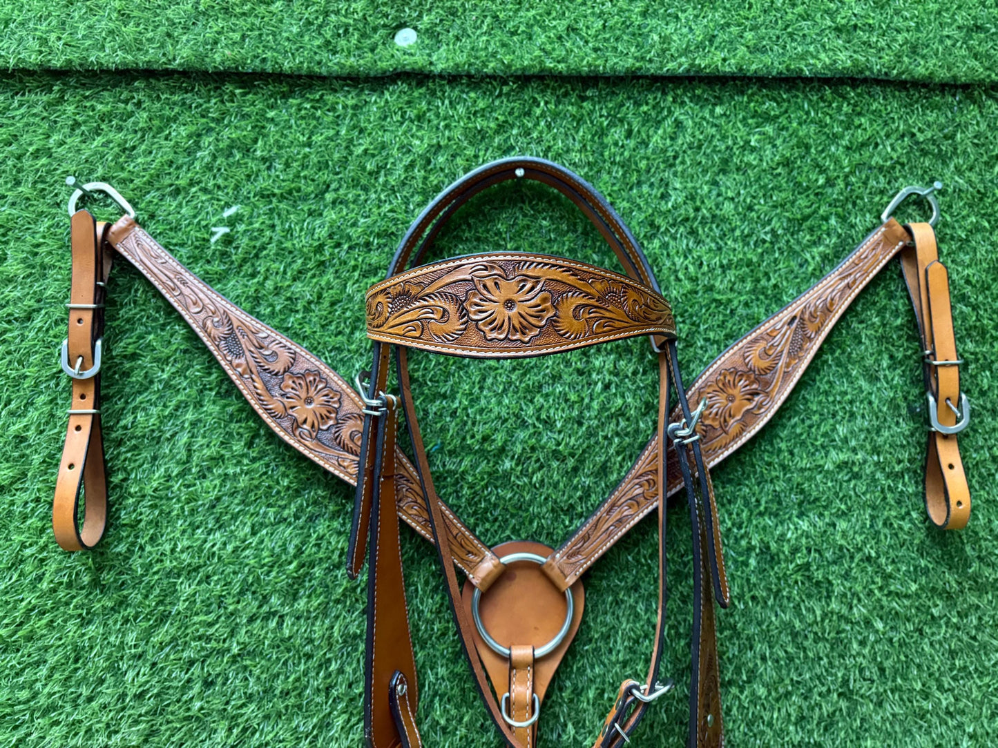 Tan Floral Tooled Leather Western Headstall & Breast Collar Set – Plain Silver Hardware Horse Tack | Barrel Racing Rodeo