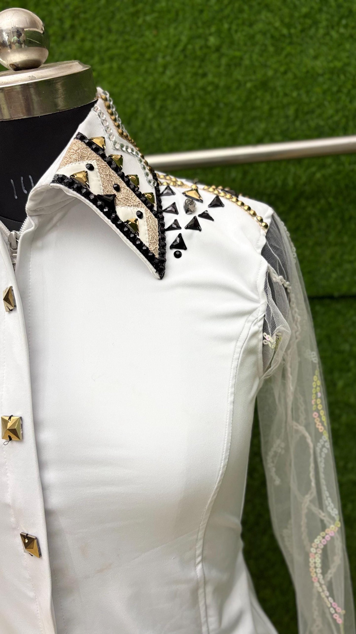 Womens Western Show Shirt | White Black Gold Rhinestone Tulle Sleeve Showmanship Shirt | Ladies Rodeo Queen Blouse | Horse Show Shirt Gift