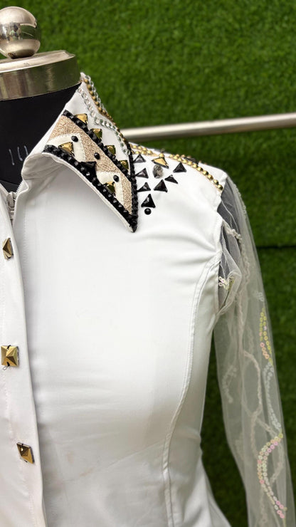 Womens Western Show Shirt | White Black Gold Rhinestone Tulle Sleeve Showmanship Shirt | Ladies Rodeo Queen Blouse | Horse Show Shirt Gift