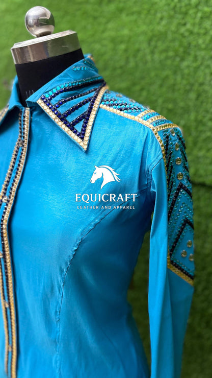 Womens Western Show Shirt | Turquoise Blue Gold Rhinestone Showmanship Shirt | Ladies Crystal Sleeve Rodeo Queen Blouse | Horse Show Shirt