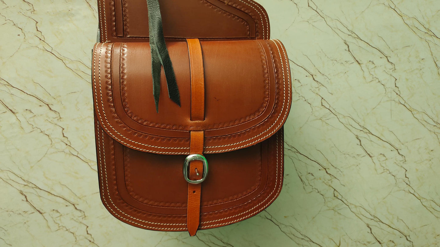 Tan Leather Western Saddle Bag – Border Stamp Concho Horse Trail Bag | Single Buckle Cowboy Riding Tack