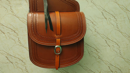 Tan Leather Western Saddle Bag – Border Stamp Concho Horse Trail Bag | Single Buckle Cowboy Riding Tack