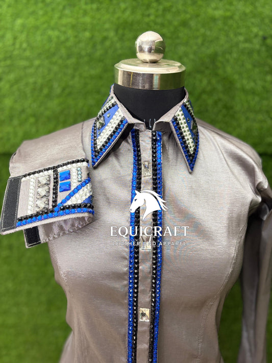 Womens Western Show Shirt | Silver Blue Black Rhinestone Crystal Showmanship Shirt | Ladies Rodeo Queen Blouse | Horse Show Shirt