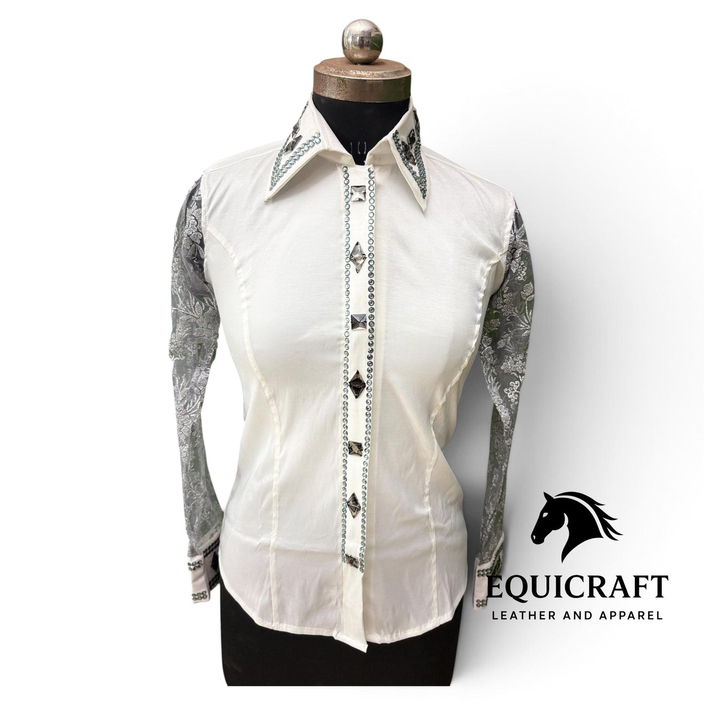White Ivory Show Shirt, Lace Sleeve Rhinestone Bling, Smoke Crystal Horse Show Top, Western Showmanship Shirt