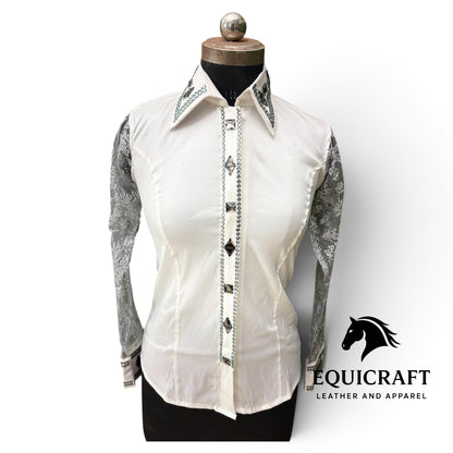 White Ivory Show Shirt, Lace Sleeve Rhinestone Bling, Smoke Crystal Horse Show Top, Western Showmanship Shirt