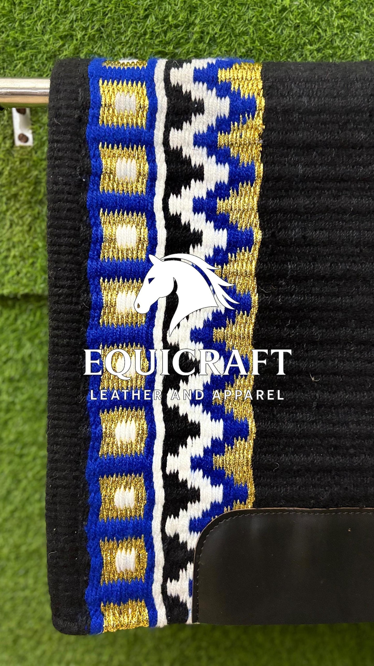 Aztec Western Show Saddle Pad | Black Blue Gold Metallic Wool Blanket | Hand-Woven Southwestern Horse Saddle Pad | Show Ring Pad