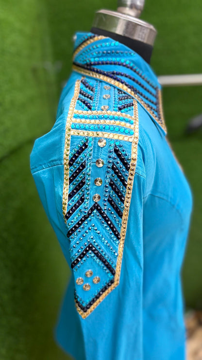 Womens Western Show Shirt | Turquoise Blue Gold Rhinestone Showmanship Shirt | Ladies Crystal Sleeve Rodeo Queen Blouse | Horse Show Shirt