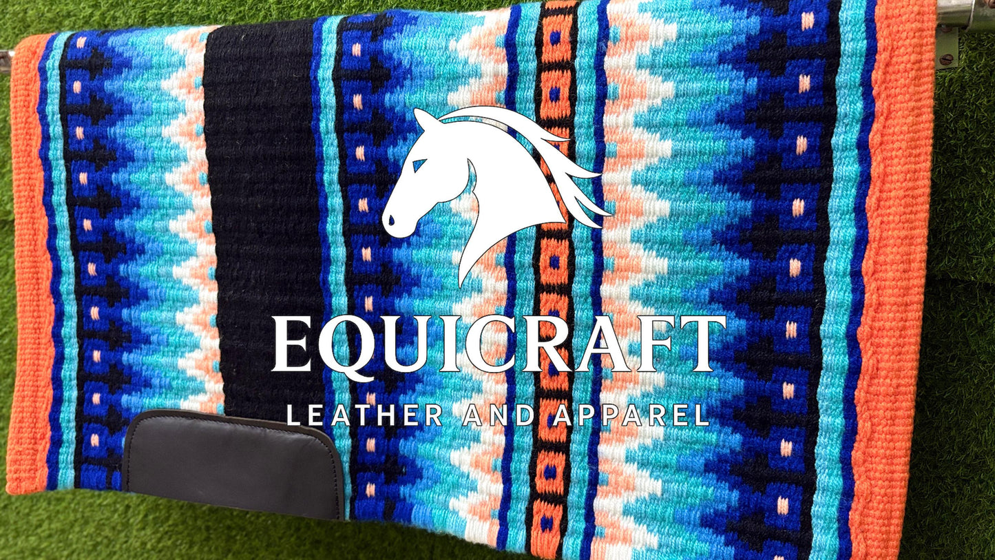 Western Show Saddle Pad | Blue Turquoise Coral Orange Wool Blanket | Hand-Woven Southwestern Horse Saddle Pad | Show Trail Pad