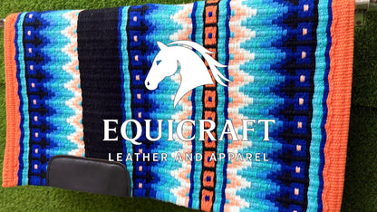 Western Show Saddle Pad | Blue Turquoise Coral Orange Wool Blanket | Hand-Woven Southwestern Horse Saddle Pad | Show Trail Pad
