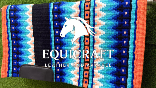 Western Show Saddle Pad | Blue Turquoise Coral Orange Wool Blanket | Hand-Woven Southwestern Horse Saddle Pad | Show Trail Pad