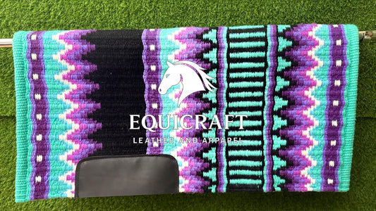 Aztec Western Show Saddle Pad | Teal Purple Pink Black Wool Blanket | Hand-Woven Southwestern Horse Saddle Pad | Barrel Racing Pad