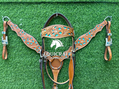 Hand Tooled Leather Headstall & Breast Collar Set – Turquoise Inlay Western Horse Tack | Floral Carved Rodeo Bridle