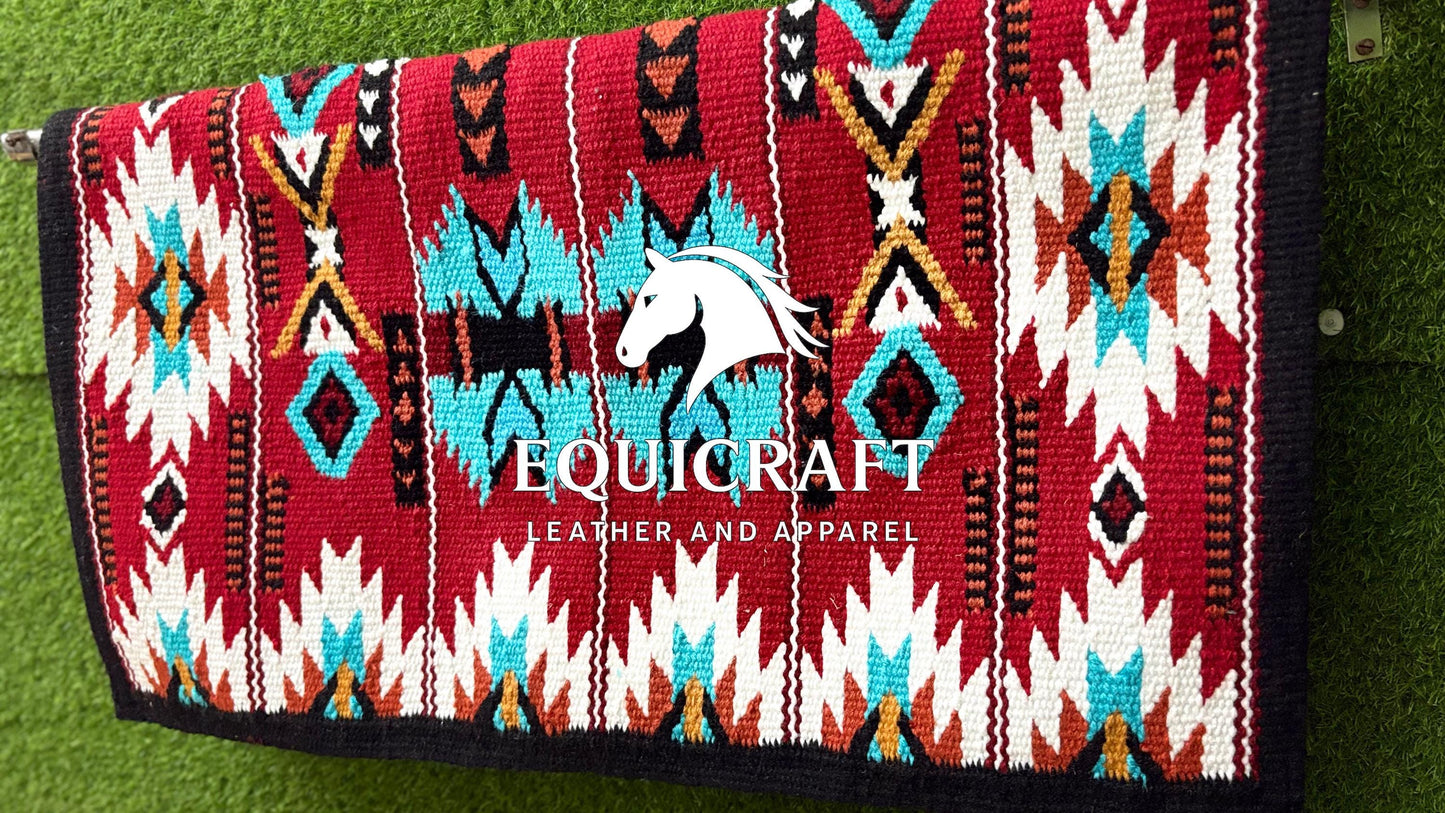 Western Show Saddle Pad | Red Blanket | Aztec Wool Horse Pad | Turquoise Southwest Saddle Blanket | Horse Tack Gift