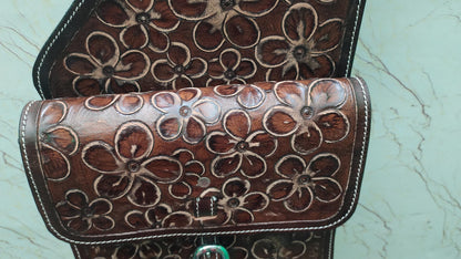 Dark Brown Floral Tooled Leather Western Saddle Bag – Full Flower Carved Horse Trail Bag | Antique Cowboy Tack