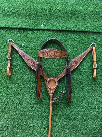 Tan Floral Tooled Leather Western Headstall & Breast Collar Set – Plain Silver Hardware Horse Tack | Barrel Racing Rodeo