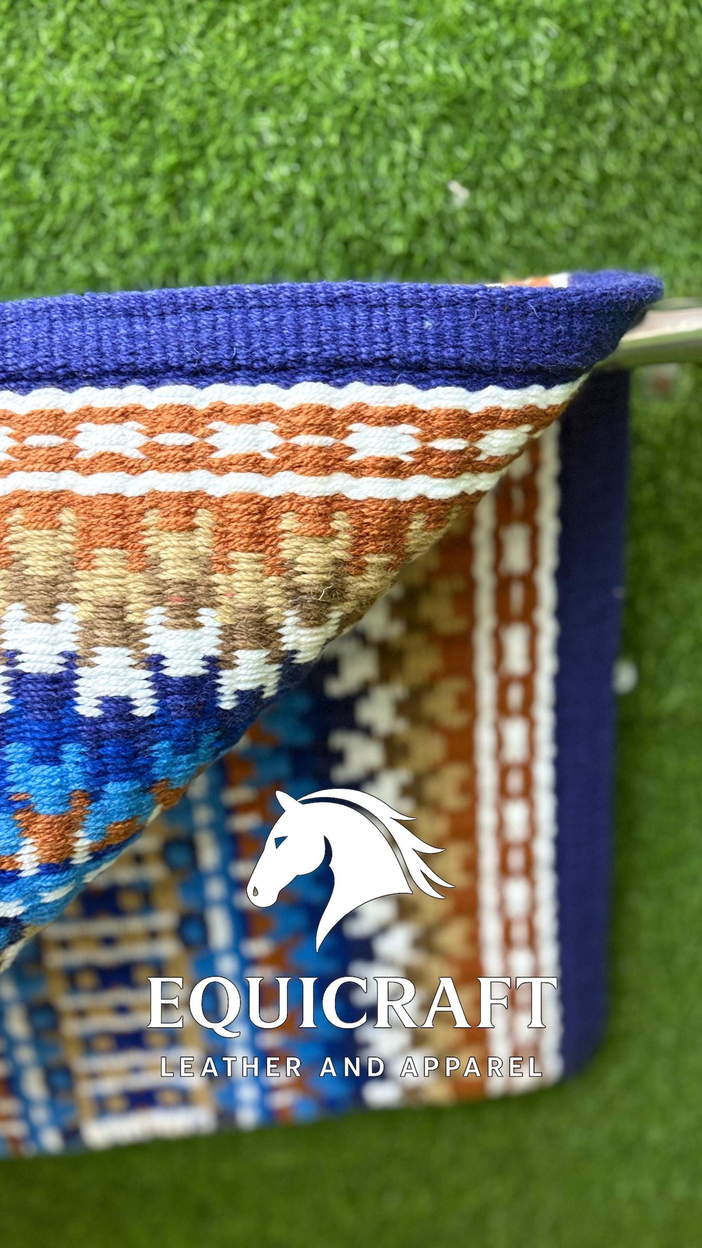 Western Show Saddle Pad | Royal Blue Rust Tan White Wool Blanket | Hand-Woven Southwestern Horse Saddle Pad | Trail Pad Equestrian Gift