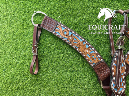 Two Tone Turquoise Inlay Tooled Leather One Ear Headstall and Breast Collar – Floral Carved Western Horse Tack | Barrel Racing Rodeo Gear