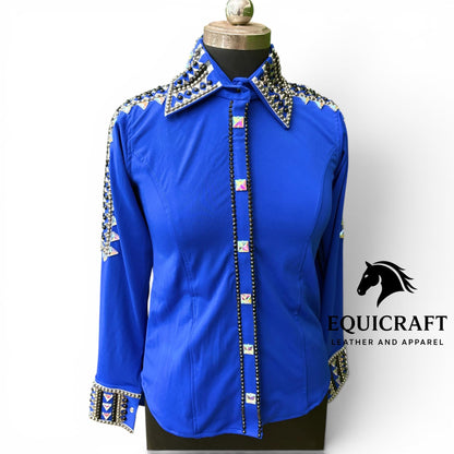Royal Blue Western Show Shirt – AB Crystal Silver Stud Women's Rodeo Queen Top | Showmanship Horsemanship Equestrian
