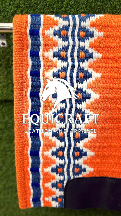 Aztec Western Show Saddle Pad | Orange Blue White Wool Blanket | Hand-Woven Southwestern Horse Saddle Pad | Trail Pad Equestrian Gift