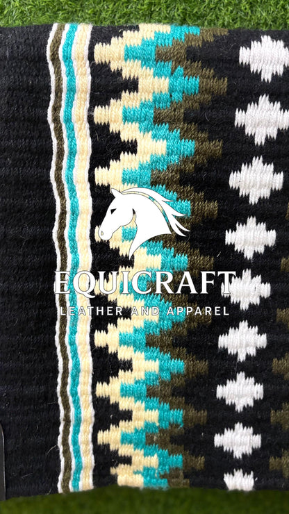 Western Show Saddle Pad | Black Turquoise Olive Cream Wool Blanket | Hand-Woven Southwestern Horse Saddle Pad | Show Trail Pad
