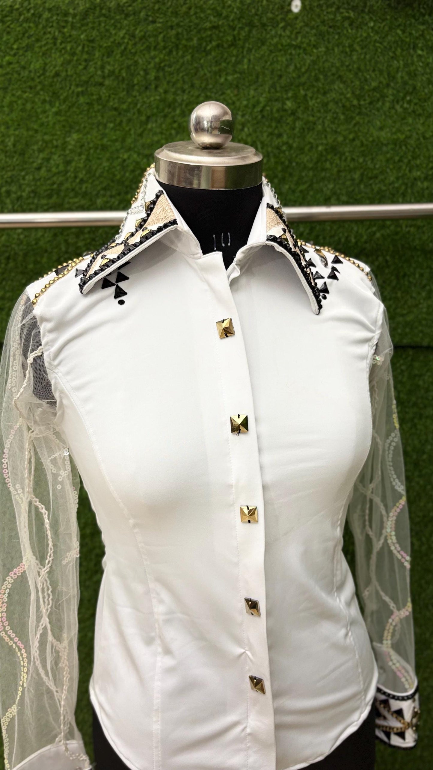 Womens Western Show Shirt | White Black Gold Rhinestone Tulle Sleeve Showmanship Shirt | Ladies Rodeo Queen Blouse | Horse Show Shirt Gift