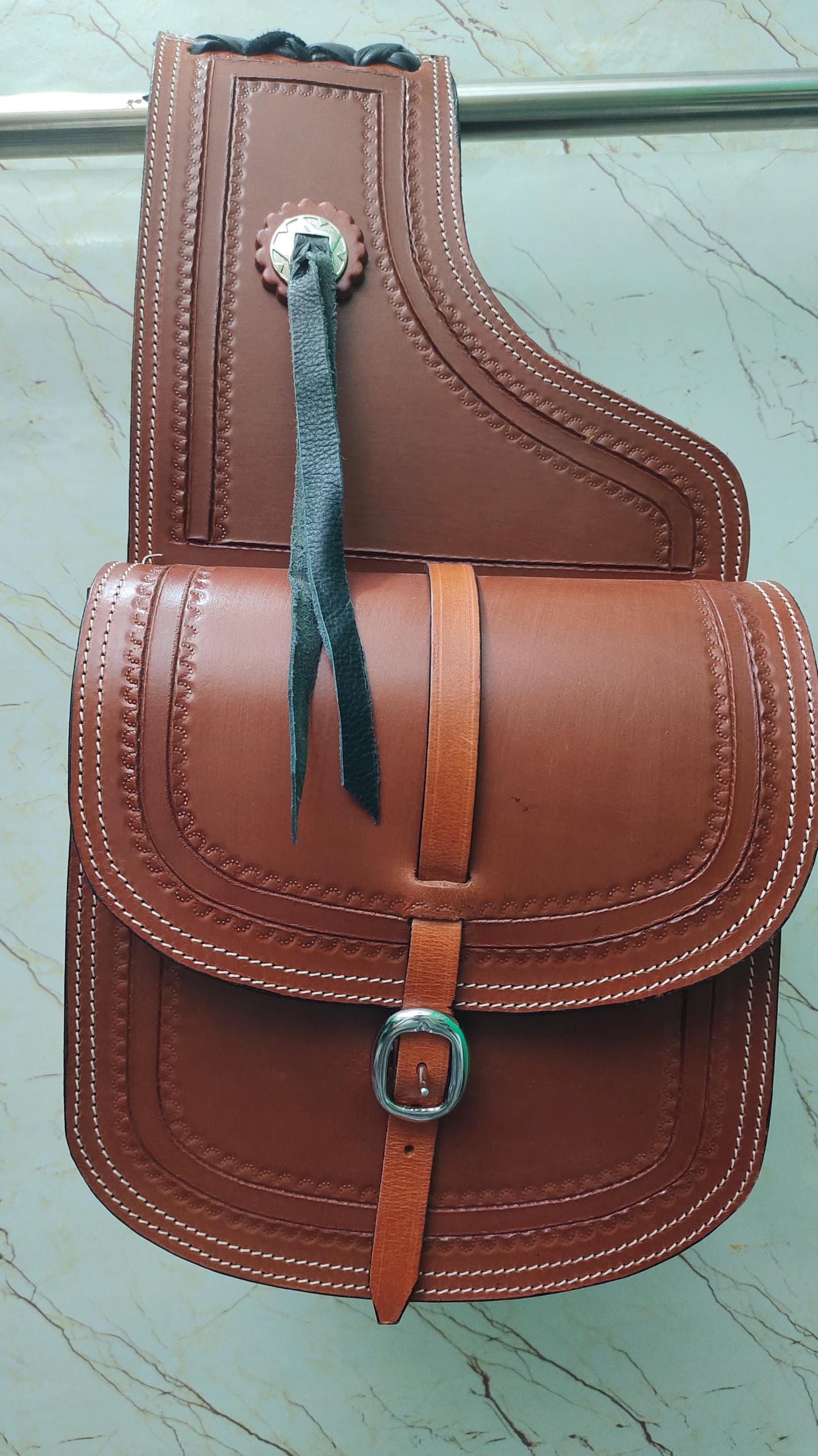 Tan Leather Western Saddle Bag – Border Stamp Concho Horse Trail Bag | Single Buckle Cowboy Riding Tack