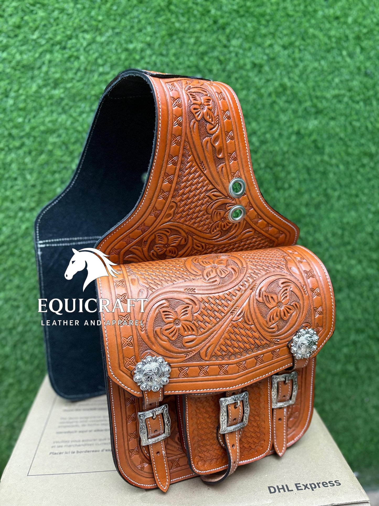 Hand Tooled Leather Western Saddle Bag – Floral Basket Weave Horse Trail Bag | Silver Concho Cowboy Riding Tack