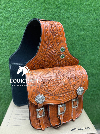 Hand Tooled Leather Western Saddle Bag – Floral Basket Weave Horse Trail Bag | Silver Concho Cowboy Riding Tack