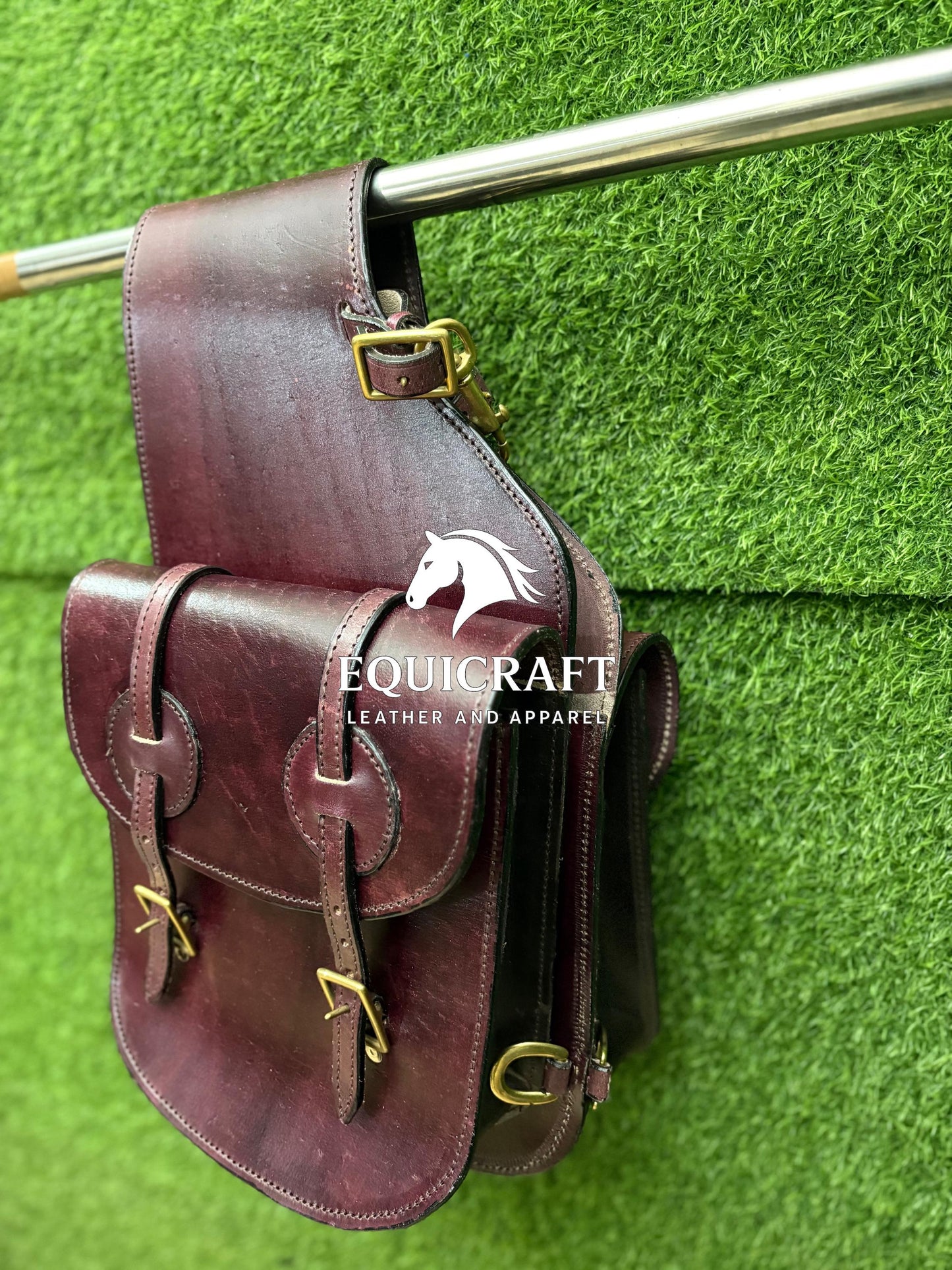 Burgundy Leather Western Saddle Bag – Double Ring Buckle Horse Trail Bag | Brass Hardware Cowboy Riding Tack