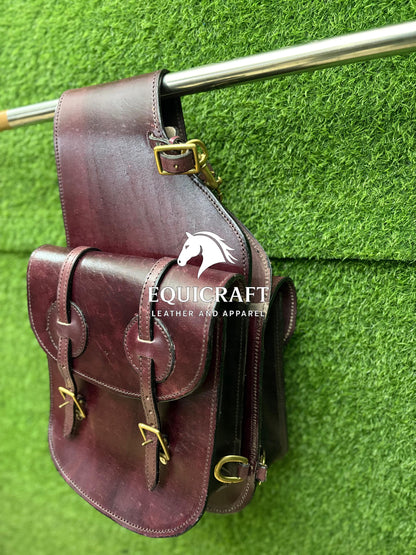 Burgundy Leather Western Saddle Bag – Double Ring Buckle Horse Trail Bag | Brass Hardware Cowboy Riding Tack