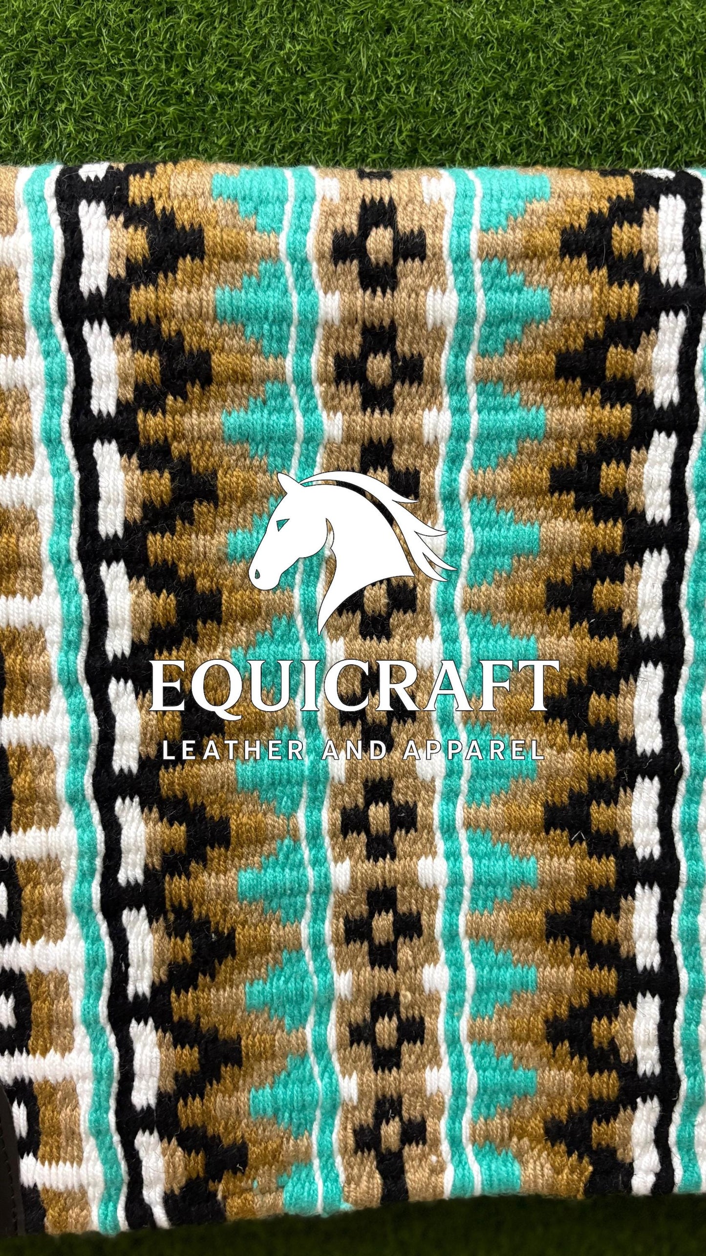 Western Show Saddle Pad | Teal Gold Black White Wool Blanket | Hand-Woven Southwestern Horse Saddle Pad | Show Trail Pad Equestrian Gift