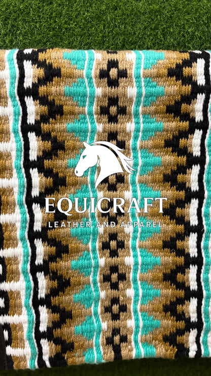 Western Show Saddle Pad | Teal Gold Black White Wool Blanket | Hand-Woven Southwestern Horse Saddle Pad | Show Trail Pad Equestrian Gift