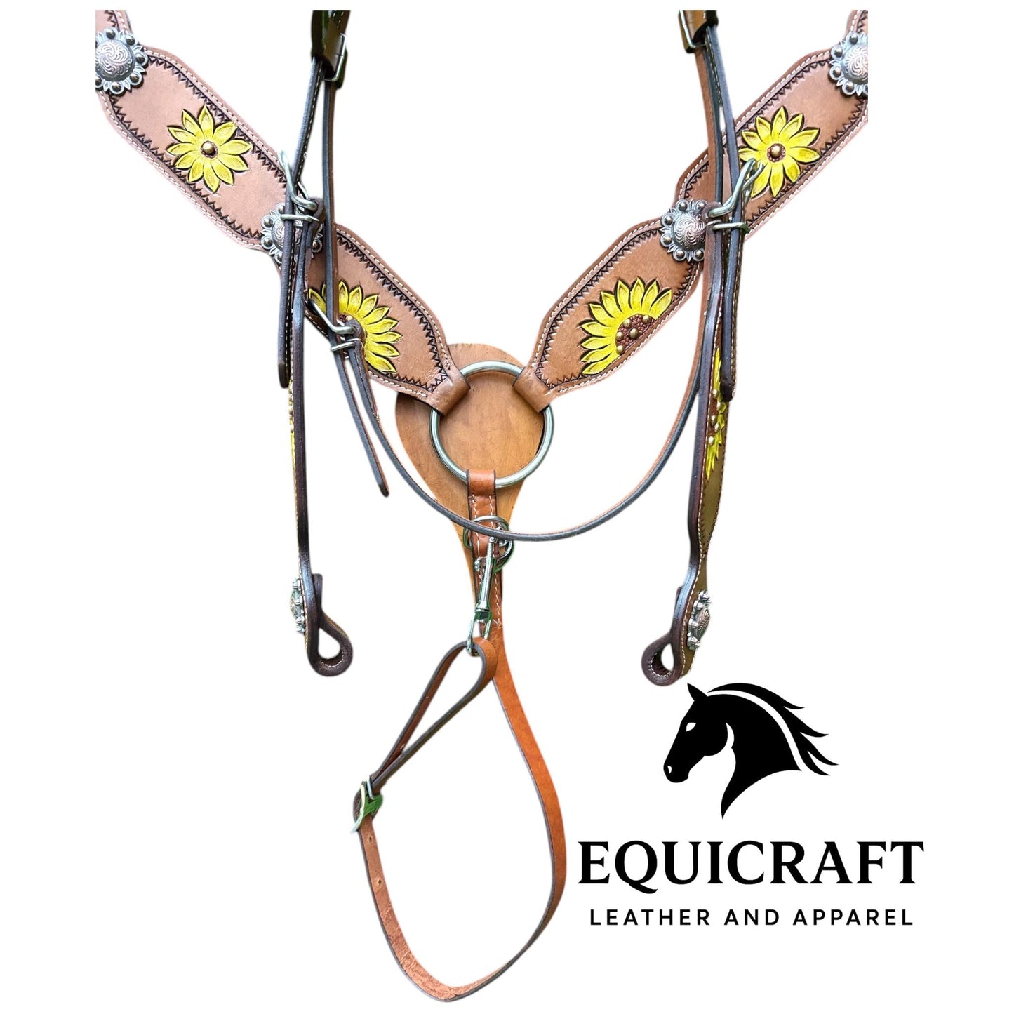 Sunflower Painted Leather Western Headstall & Breast Collar Set – Silver Concho Horse Tack | Barrel Racing Rodeo Gear