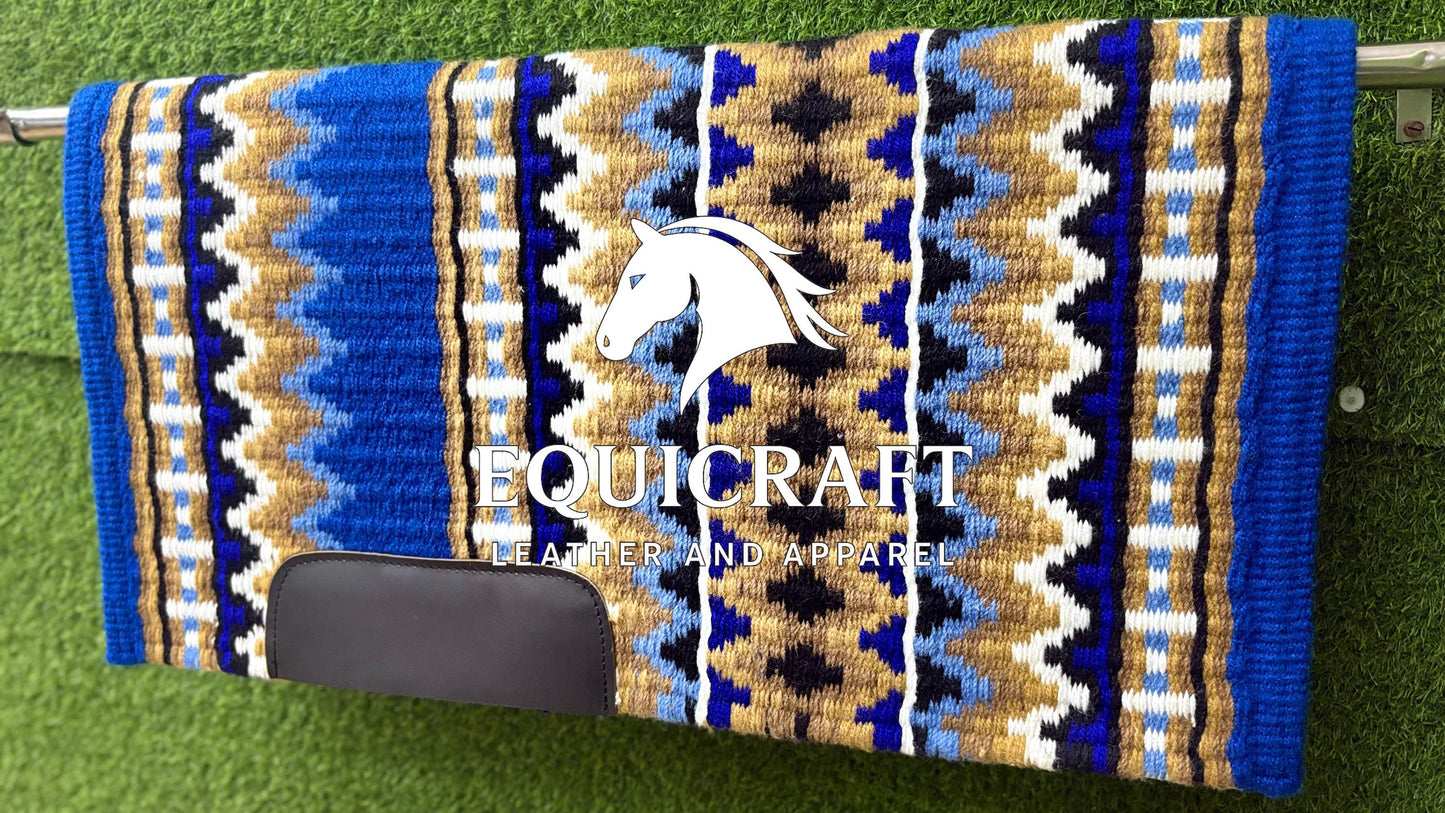 Western Saddle Pad | Royal Blue Tan Gold Aztec Wool Horse Blanket | Show Saddle Pad | Trail Riding Pad | Reining Pad | Quarter Horse Pad